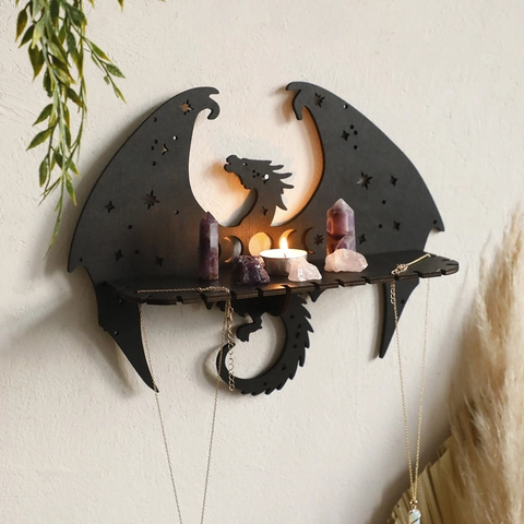 Gotisches Drachen Wandregal Aus Holz Mit Stern Mond Ausschnitten Schwarzes Schwebendes Ausstellungsregal Für Kristalle Heimdekor