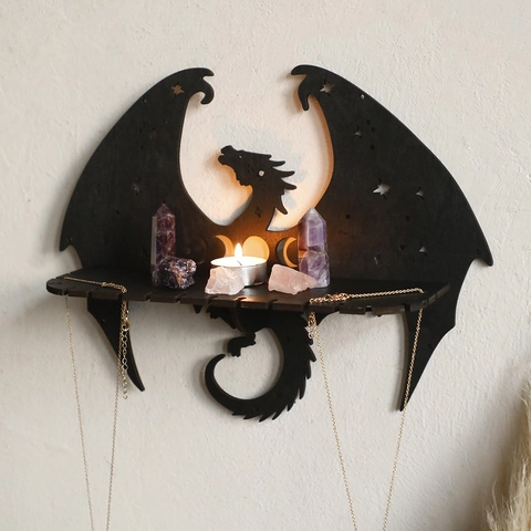 Gotisches Drachen Wandregal Aus Holz Mit Stern Mond Ausschnitten Schwarzes Schwebendes Ausstellungsregal Für Kristalle Heimdekor