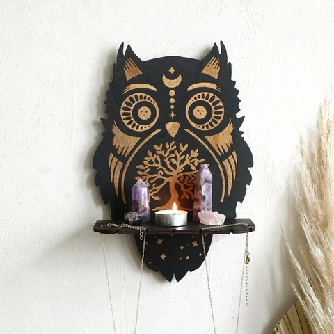 Owl Wooden Crystal Display Shelf Bohemian Wall Mounted Floating Shelf With Tree Of Life Laser Engraving For Home Bedroom Decor
