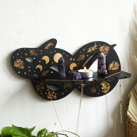 Scaffale da Parete Bohemien in Legno Fasi Lunari Forma di Serpente Infinito Espositore per Cristalli Organizer Gioielli Casa