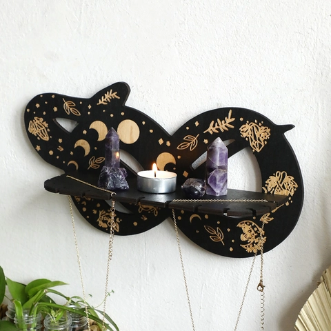 Scaffale da Parete Bohemien in Legno Fasi Lunari Forma di Serpente Infinito Espositore per Cristalli Organizer Gioielli Casa