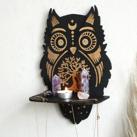 Owl Wooden Crystal Display Shelf Bohemian Wall Mounted Floating Shelf With Tree Of Life Laser Engraving For Home Bedroom Decor