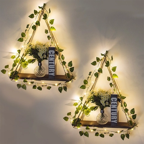 Set di Scaffali a Parete Bohemien in Legno di Faggio Con Edera Artificiale Stringa di Luci LED Scaffali Triangolari in Juta