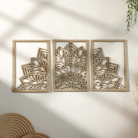Holz Mandala Blatt Wandkunst Deko Hohl Lasergeschnitten Geometrische Holz Wandbehang Kunst Set Für Schlafzimmer Wohnzimmer Haus