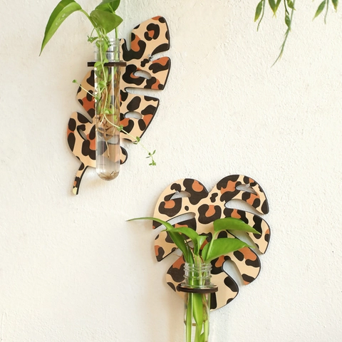 Vaso da Parete in Legno con Foglia di Monstera Leopardata Stazione di Propagazione per Piante Moderna Con Tubo di Plastica per Decorazioni Casa