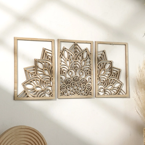 Holz Mandala Blatt Wandkunst Deko Hohl Lasergeschnitten Geometrische Holz Wandbehang Kunst Set Für Schlafzimmer Wohnzimmer Haus