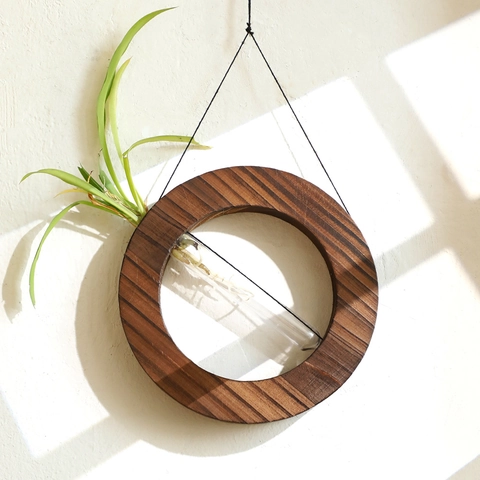 Bohemian Round Wood Wall Hanging Hydroponic Vase Glass Tube Planter Minimalist Home Office Living Room Decoration Indoor Plant Holder
