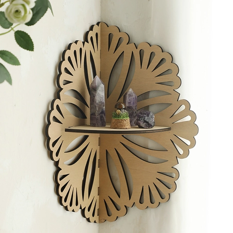 Boho Holz Blume Kristall Eckregal Lasergeschnitten Hohl Wandmontiert Display Ständer Für Home Decor Schlafzimmer Handwerk