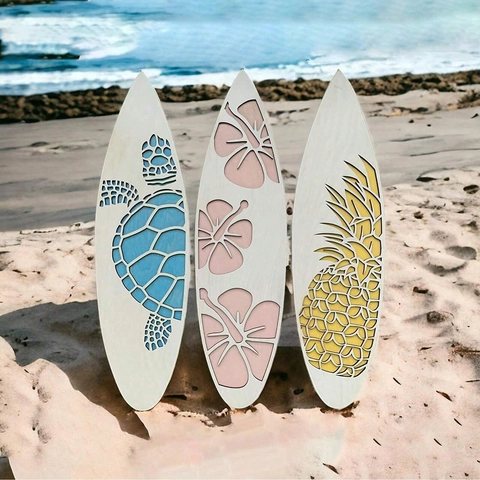 Tropical Wooden Surfboard Wall Art Beach Coastal Decorative Plaque Ocean Theme Hanging Ornament For Home Bedroom Living Room Decor