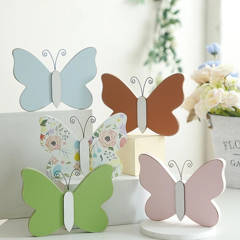 Adorno de Escritorio de Mariposa de Madera Creativo Con Antenas de Alambre de Metal Figurita de Mariposa Colorida Estilo Nórdico Para Decoración Hogar