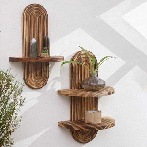 Retro Wandregal Holz Karbonisiert Bogen Schweberegal Boho Geometrisch Rillen Display Organizer Haus Dekoration