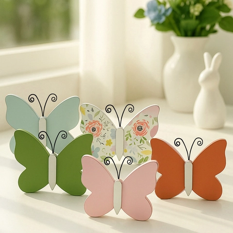 Adorno de Escritorio de Mariposa de Madera Creativo Con Antenas de Alambre de Metal Figurita de Mariposa Colorida Estilo Nórdico Para Decoración Hogar