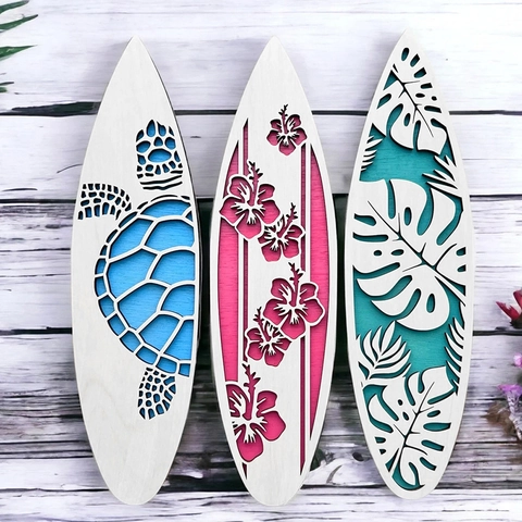 Tropical Wooden Surfboard Wall Art Beach Coastal Decorative Plaque Ocean Theme Hanging Ornament For Home Bedroom Living Room Decor
