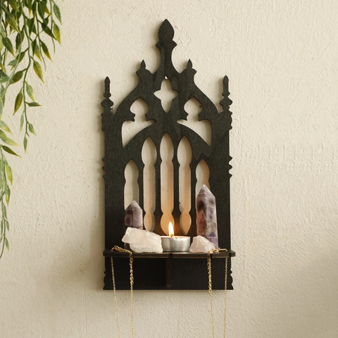 Mensola da Muro Gotica ad Arco di Cattedrale Legno Nero Supporto da Parete per Cristalli Candele Decorazioni Casa Witchy