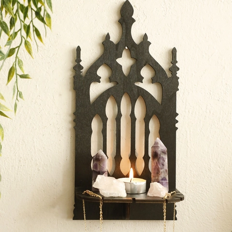 Mensola da Muro Gotica ad Arco di Cattedrale Legno Nero Supporto da Parete per Cristalli Candele Decorazioni Casa Witchy