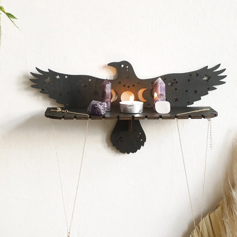 Raben Form Holz Wandregal Gothic Mondphase Sterne Hohl Kristall Display Regal Schwarz Schwebend Schmuckhalter Für Zuhause Dekor