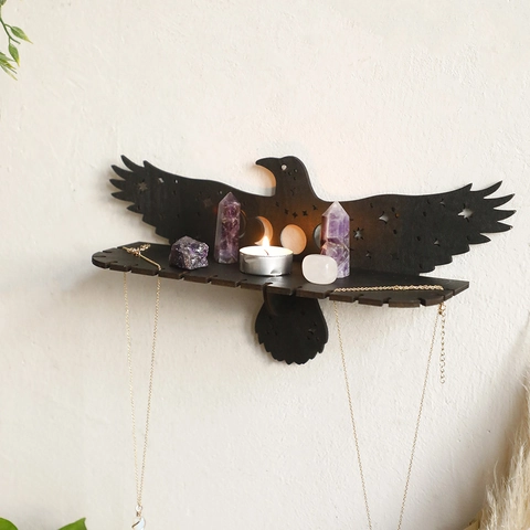 Raben Form Holz Wandregal Gothic Mondphase Sterne Hohl Kristall Display Regal Schwarz Schwebend Schmuckhalter Für Zuhause Dekor