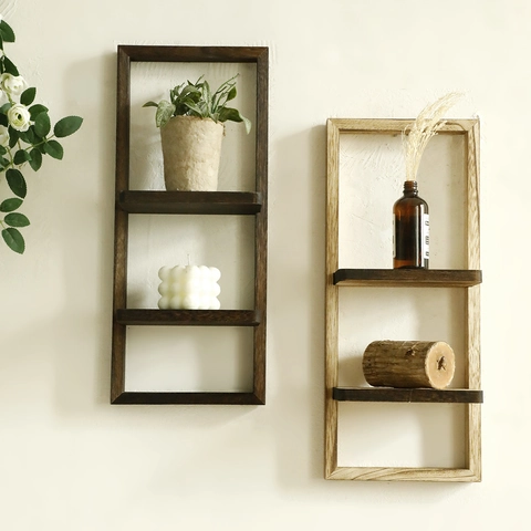 Modern Carbonized Wood Wall Mounted Floating Shelf Rectangular Frame Display Rack For Bedroom Guesthouse Home Decor Ornament
