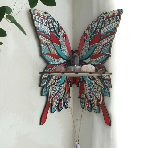 Schmetterling Eckregal Holz Wandmontage Kristall Display Rack Boho Bunte Geometrische Muster Ethnic Haus Dekoration