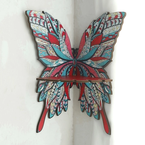 Schmetterling Eckregal Holz Wandmontage Kristall Display Rack Boho Bunte Geometrische Muster Ethnic Haus Dekoration