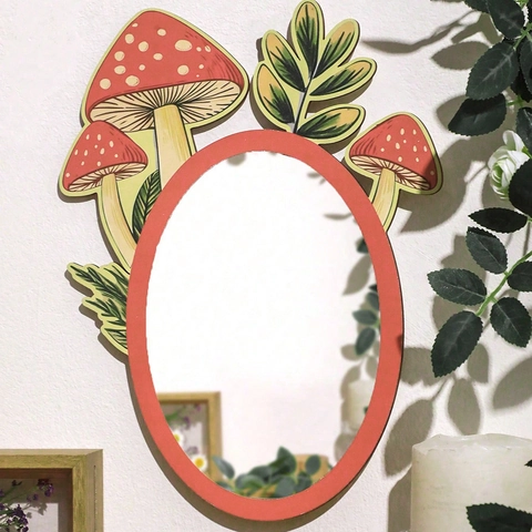 Espejo Decorativo Creativo de Madera y Acrílico con Forma de Seta Estilo Bosque Espejo Ovalado para Decoración de Pared de Hogar