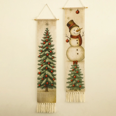 Arazzo Bohemien Albero di Natale Pupazzo di Neve da Parete Tessuto di Cotone Con Nappa Asta di Legno Decorazione per la Casa