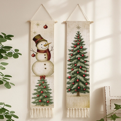 Arazzo Bohemien Albero di Natale Pupazzo di Neve da Parete Tessuto di Cotone Con Nappa Asta di Legno Decorazione per la Casa