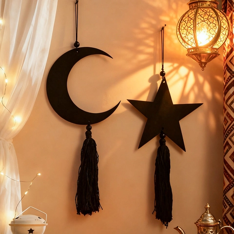 Schwarzes Holz Mond Und Stern Wandbehang Dekoration Mit Baumwollquasten Minimalistisches Boho Haus Schlafzimmer Wandkunst Ornament