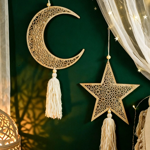 Decoración de Pared Colgante de Madera Calada de Estrella y Luna Estilo Nórdico Bohemio Con Borlas Blancas para Dormitorio Sala de Estar