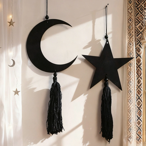 Schwarzes Holz Mond Und Stern Wandbehang Dekoration Mit Baumwollquasten Minimalistisches Boho Haus Schlafzimmer Wandkunst Ornament