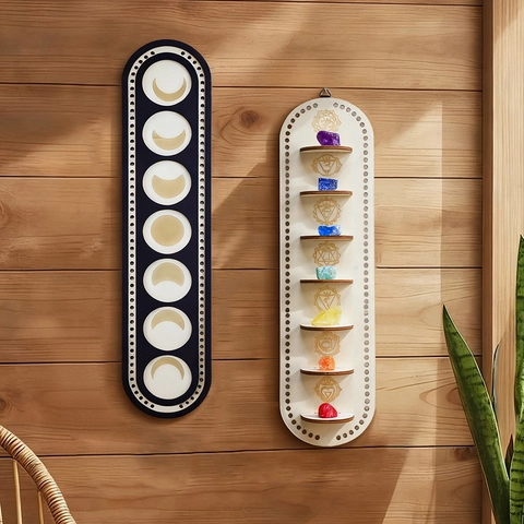 Bohemian Wooden Moon Phase Chakra Wall Hanging Decor Zen Spiritual Meditation Crystal Shelf Living Room Bedroom Home Ornament