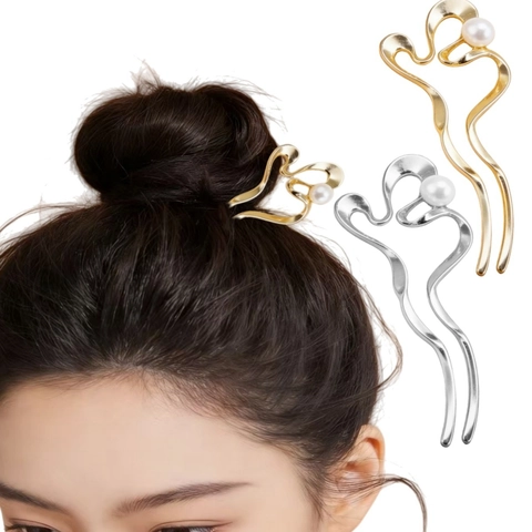 Elegant Alloy U-shaped Hair Stick With Artificial Pearl Minimalist Gold Silver Wave Hair Fork For Women Hair Accessories