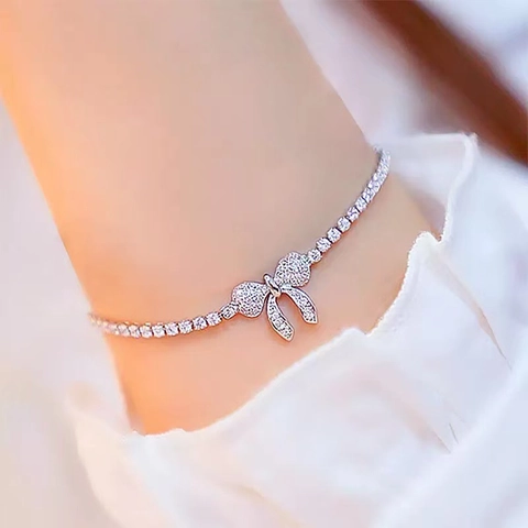 Elegante Bracciale a Fiocco in Rame per Donna Bracciale Tennis in Strass Pave Regolabile Gioielli alla Moda Regalo per Matrimonio