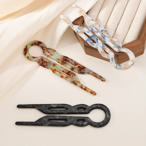 French Style Acetate U-Shaped Hair Stick Marble Pattern Hair Fork Minimalist Bun Hair Pins Elegant Hair Accessories For Women