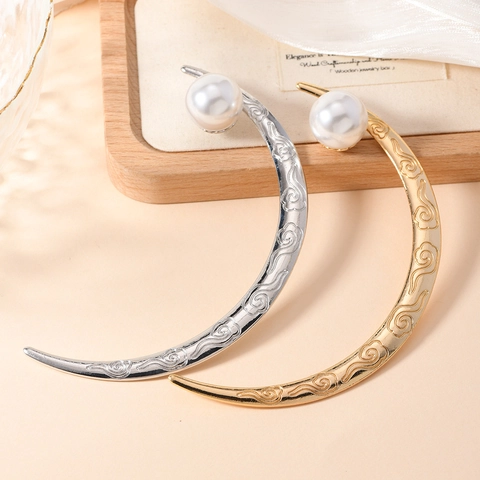 Bastoncino per Capelli in Lega a Forma di Luna Stile Cinese Vintage Elegante Forcina con Perla Artificial Sintetica e Motivo a Nuvola