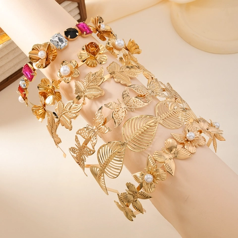Cerchietto Vintage Barocco Oro Lega Farfalla Foglia Perla Artificial Elegante Donna Matrimonio Festa Accessori per Capelli Cerchietto in Metallo Decorativo