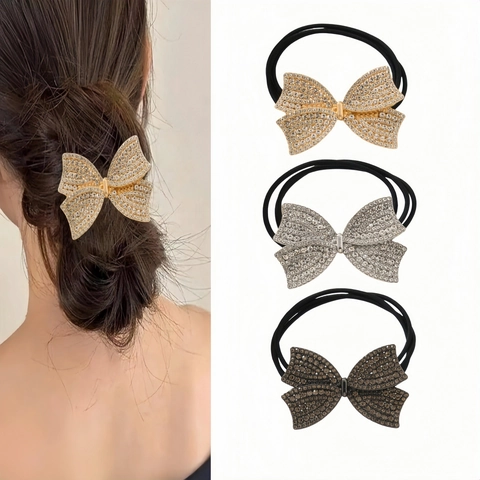 Sparkling Rhinestone Bow Hair Tie High Elastic Multi Layer Rubber Band Alloy Crystal Bowknot Scrunchie For Women Jewelry