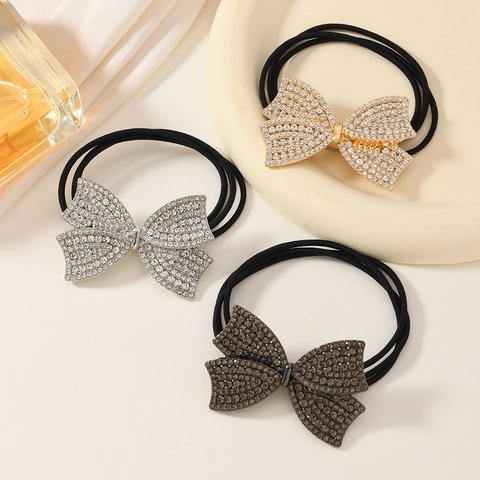 Sparkling Rhinestone Bow Hair Tie High Elastic Multi Layer Rubber Band Alloy Crystal Bowknot Scrunchie For Women Jewelry