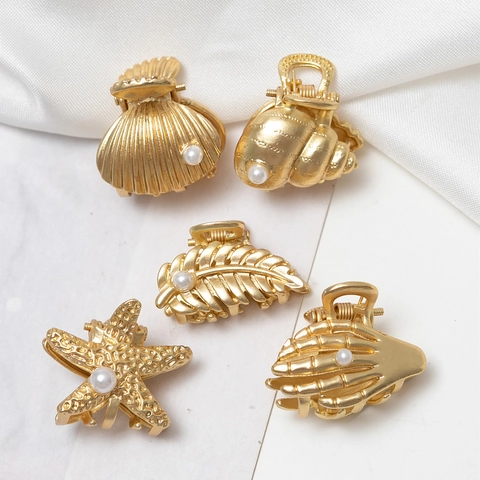 Elegant Gold Plated Alloy Mini Hair Claw Clips With Artificial Pearl Sea Star Shell Leaf Skull Hand Pattern For Women Jewelry