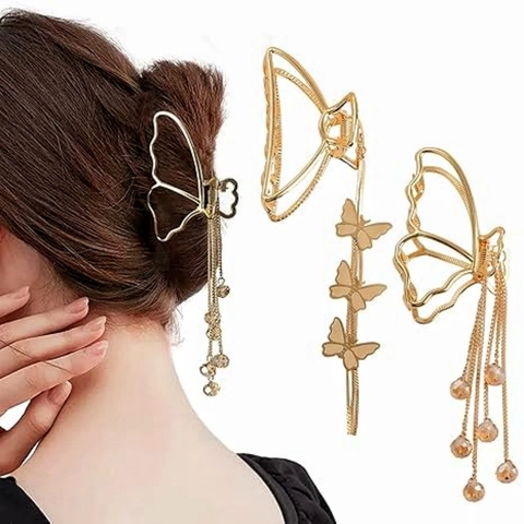 Elegante Pinza per Capelli a Farfalla Dorata Con Nappina Lunga Perla Artificiale Lega Svuotata Shark Clip Accessori Capelli Donna