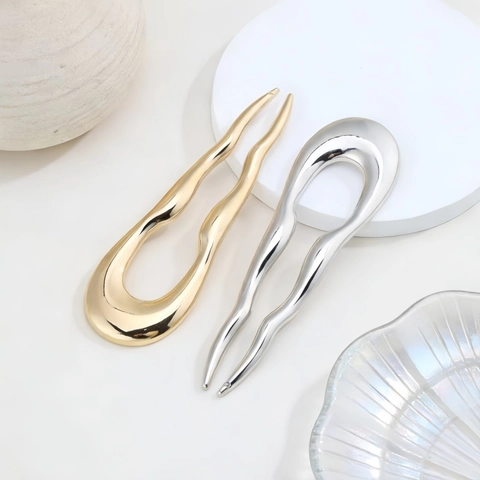 Minimalist Alloy U-Shaped Wave Hair Stick For Women Retro Elegant Metal Hair Fork For Bun Updo Styling Hair Jewelry