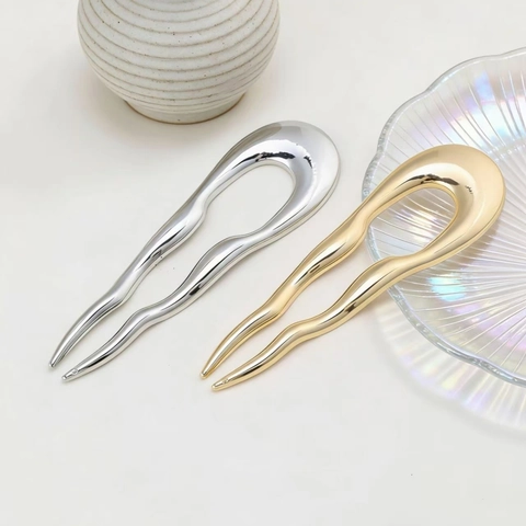Minimalist Alloy U-Shaped Wave Hair Stick For Women Retro Elegant Metal Hair Fork For Bun Updo Styling Hair Jewelry