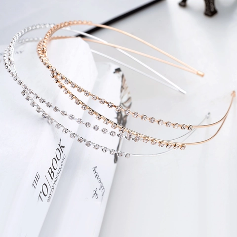 Elegant Alloy Rhinestone Double Row Crossed Headband For Women Sweet Korean Crystal Thin Hair Band Wedding Hair Accessories