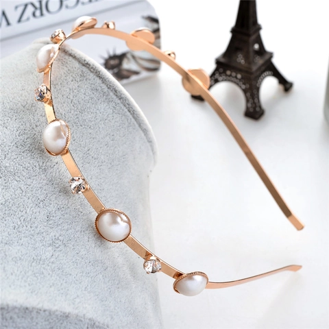 Elegant Thin Metal Headband With Round Faux Artificial Pearl And Rhinestone Minimalist Rose Gold Silver Hair Hoop For Women Wedding Party Daily Hair Accessories