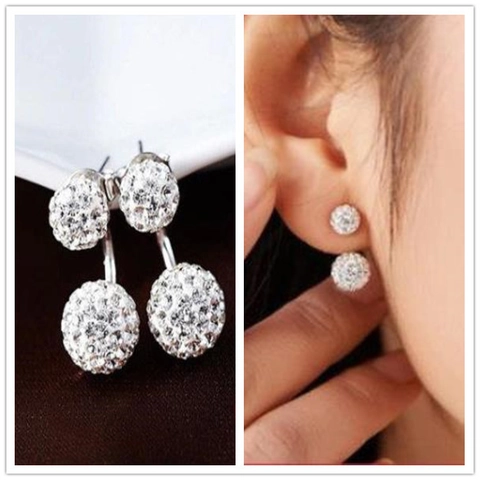 Korean Style Double Ball Shamballa Front-back Stud Earrings For Women Silver Plated Alloy Rhinestone Pave Ball Jewelry