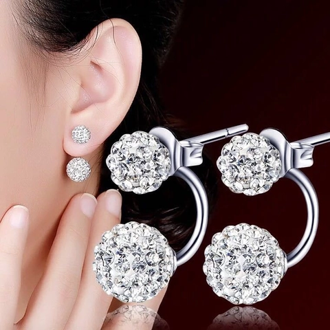 Korean Style Double Ball Shamballa Front-back Stud Earrings For Women Silver Plated Alloy Rhinestone Pave Ball Jewelry
