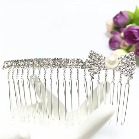 Pettine per Capelli in Lega d'Argento Strass Fiocco Perla Artificial Copricapo da Sposa Elegante Stile Coreano Accessorio per Capelli Matrimonio Donna Festa