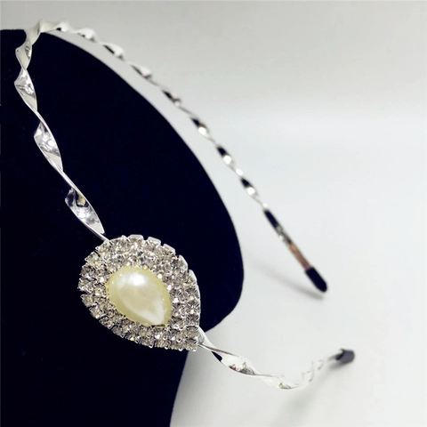 Korean Style Silver Zinc Alloy Twisted Hair Band Water Drop Artificial Pearl Rhinestone Inlaid Headband For Women Wedding Party Elegant Hair Accessories