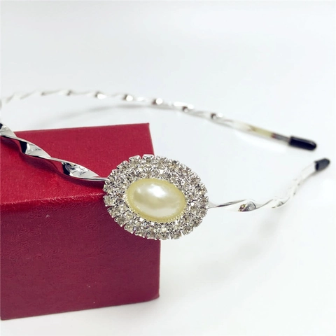 Women Alloy Rhinestone Artificial Pearl Headband Twisted Metal Silver Hair Band Fashion Hair Accessories For Wedding Party