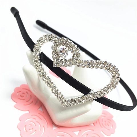 Korean Fashion Rhinestone Heart Bow Headband Black Satin Wrapped Elegant Sweet Hair Hoop For Women Daily Party Accessory